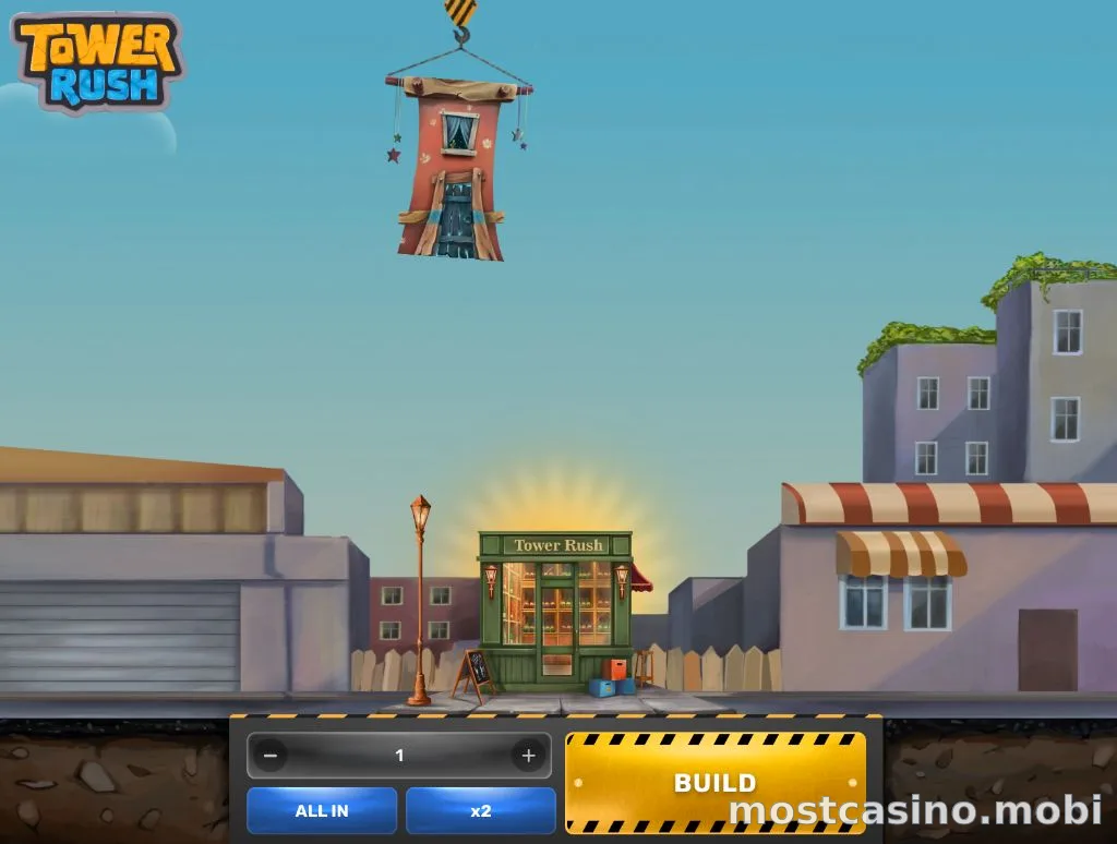 Стартовый экран игры Tower Rush в приложении Мостбет — выбор ставки и кнопка BUILD